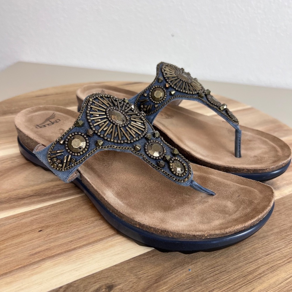 Dansko Pamela Thong Sandals Womens 40 US 9.5-10 Blue Beaded Leather Boho Artsy
